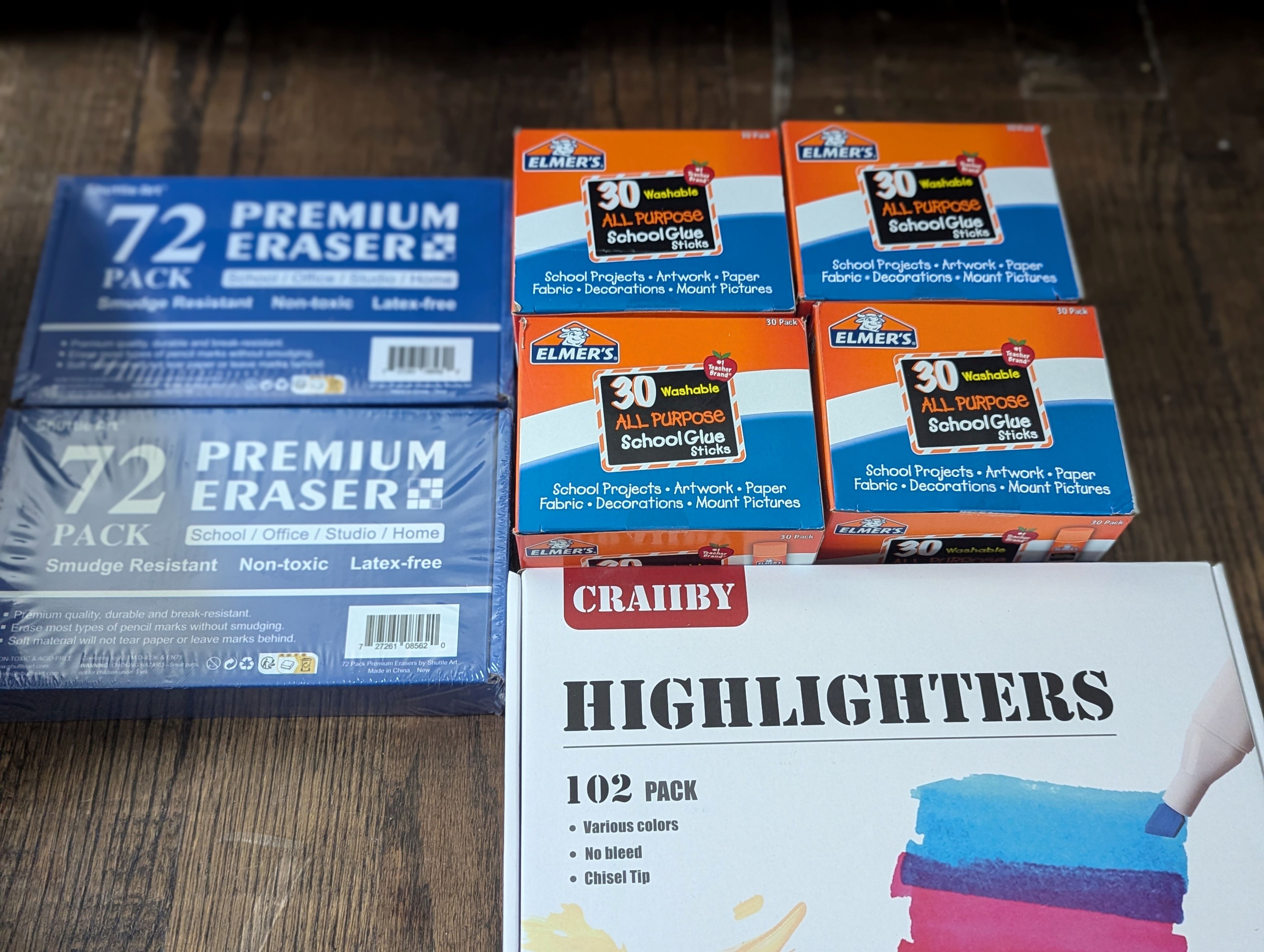 Erasers, Glue Sticks, Highlighters